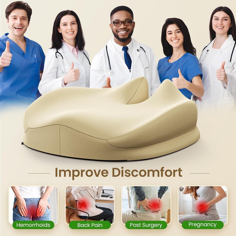 Benazcap Large Seat Cushion for Office Chair Memory Foam Coccyx Pain Relief Cushion Pillow for Back Support Non-Slip Seat Pad for Office Desk, Car Seat, Wheelchair, Sciatica-Beige - Image 4